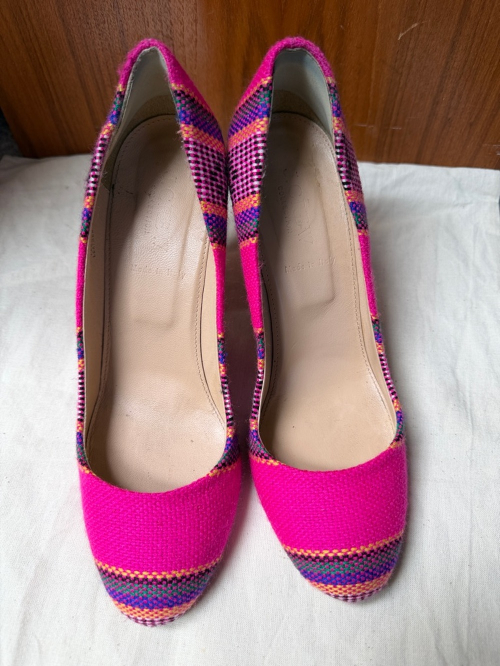 J. Crew Women’s Hot Pink Multicolor Textile Pumps Round Toe sz 6.5 (marked 7)